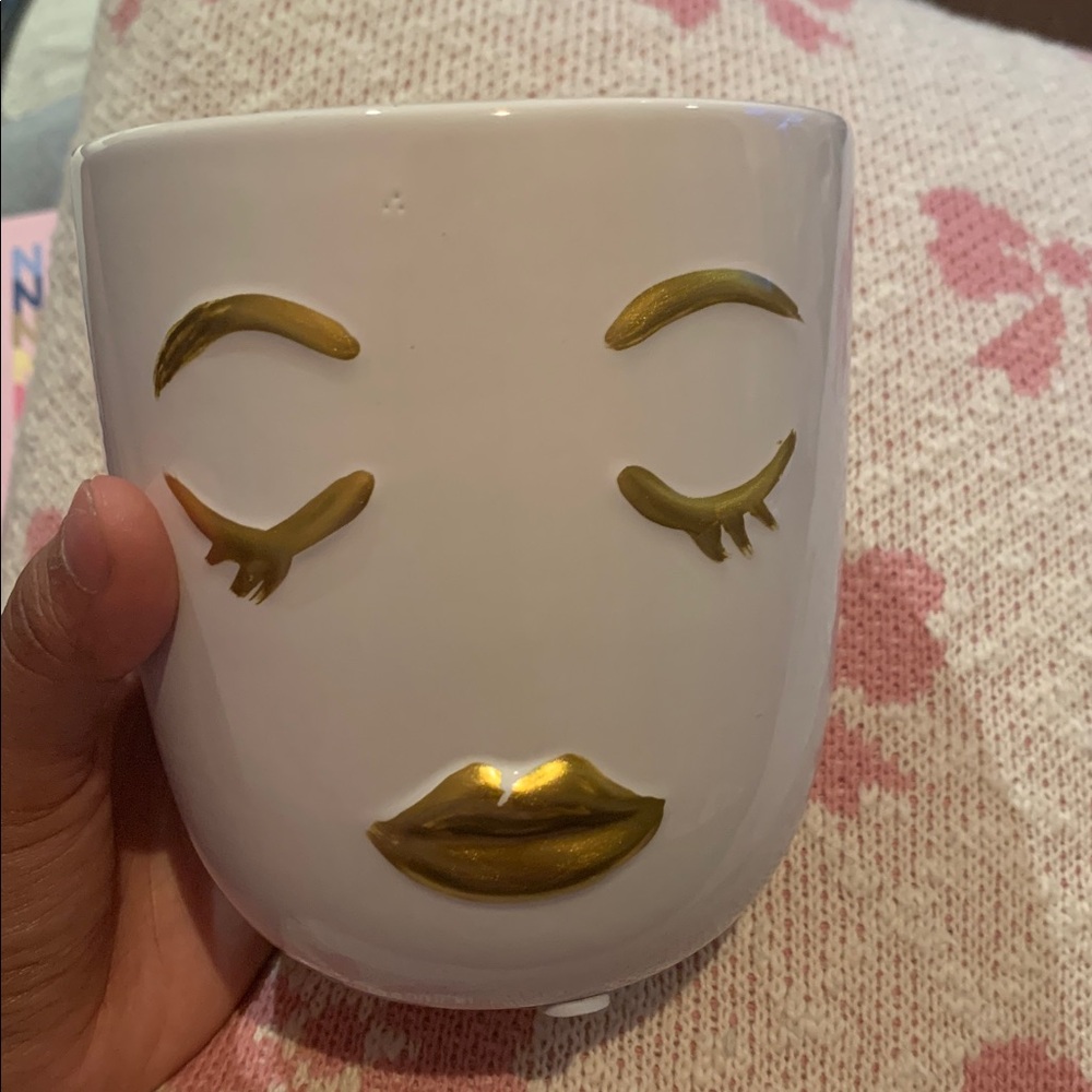 Small White planter with Gold Face Design